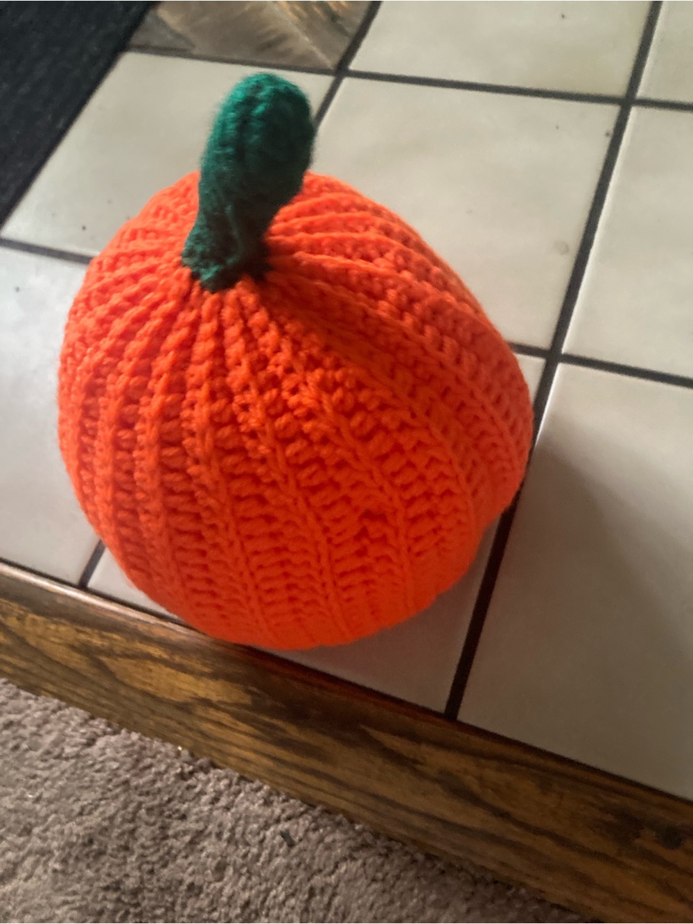 Hand-Knit Orange Pumpkin Accent with Green Stem